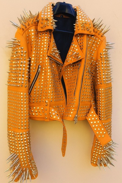 Crafted Leather New Handmade Women's Comfortable Orange Studded Brando Metal Spiked Leather Round Studs Jacket