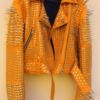 Crafted Leather New Handmade Women's Comfortable Orange Studded Brando Metal Spiked Leather Round Studs Jacket - Thumbnail 1
