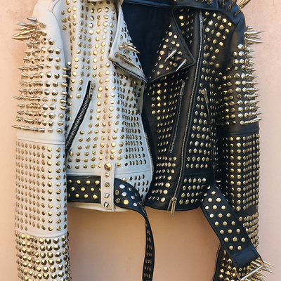 Crafted leather new handmade women's comfortable black white studded brando metal spiked leather round studs jacket