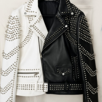 Crafted leather new women punk black white silver long spiked studded brando biker leather jacket
