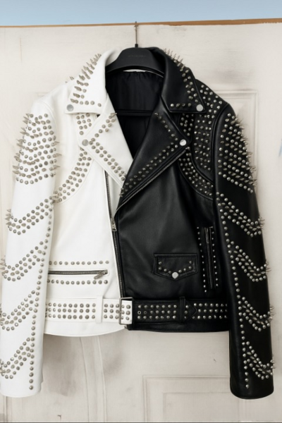 Crafted Leather New Women Punk Black White Silver Long Spiked Studded Brando Biker Leather Jacket