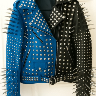 Crafted leather new handmade women's punk full long spiked studded brando blue black adorable leather jacket - Thumbnail 2