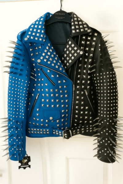 Crafted Leather New Handmade Women's Punk Full Long Spiked Studded Brando Blue Black Adorable Leather Jacket