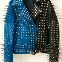 Crafted Leather New Handmade Women's Punk Full Long Spiked Studded Brando Blue Black Adorable Leather Jacket - Thumbnail 1