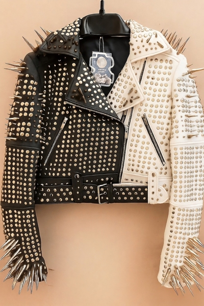 Crafted Leather Classy Women Black White Leather Studded Jacket with Silver Studs and Spikes