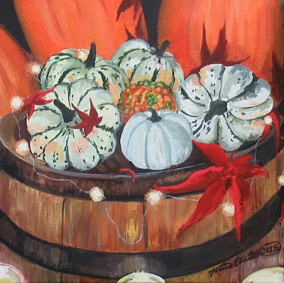 Spooky Season Gourds, Original acrylic painting by N.E.Thompson, Artwork size 10x10 inches