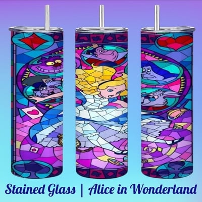 Alice in wonderland stained glass tumbler | 20oz skinny tumbler with cheshire cat | free ship