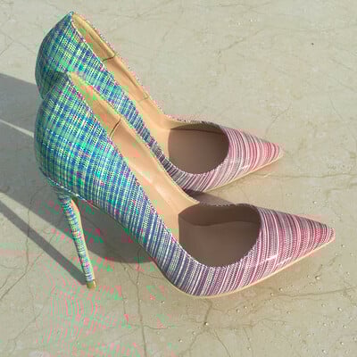 Colorful horizontal stripes pointed toe stiletto sexy women's shoes