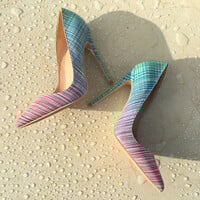 Colorful horizontal stripes pointed toe stiletto sexy women's shoes - Thumbnail 5