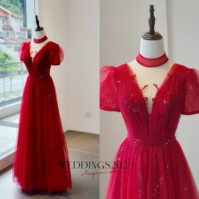 Burgundy tulle sequin short sleeves long prom dress, burgundy evening dress - Thumbnail 3