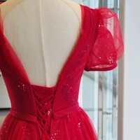 Burgundy Tulle Sequin Short Sleeves Long Prom Dress, Burgundy Evening Dress - Thumbnail 1
