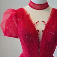 Burgundy Tulle Sequin Short Sleeves Long Prom Dress, Burgundy Evening Dress - Thumbnail 2