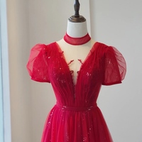 Burgundy Tulle Sequin Short Sleeves Long Prom Dress, Burgundy Evening Dress - Thumbnail 3