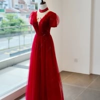 Burgundy Tulle Sequin Short Sleeves Long Prom Dress, Burgundy Evening Dress - Thumbnail 4