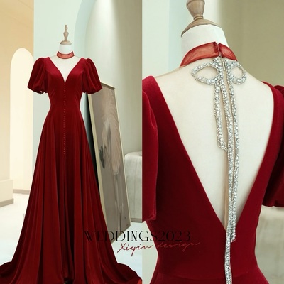 Burgundy Velvet Formal Dress A-Line V-Neck Prom Dresses ,   Open Back Evening Dress