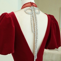 Burgundy Velvet Formal Dress A-Line V-Neck Prom Dresses ,   Open Back Evening Dress - Thumbnail 1