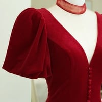 Burgundy Velvet Formal Dress A-Line V-Neck Prom Dresses ,   Open Back Evening Dress - Thumbnail 2