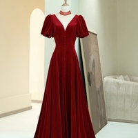 Burgundy Velvet Formal Dress A-Line V-Neck Prom Dresses ,   Open Back Evening Dress - Thumbnail 3