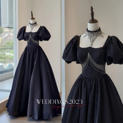 Black jacquard prom dresses puffed sleeve formal dresses ,long black prom dress with intricate beaded cut-out evening dress