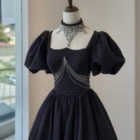 Black Jacquard Prom Dresses Puffed Sleeve Formal Dresses ,Long Black Prom Dress with Intricate Beaded Cut-out Evening Dress - Thumbnail 4