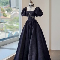 Black Jacquard Prom Dresses Puffed Sleeve Formal Dresses ,Long Black Prom Dress with Intricate Beaded Cut-out Evening Dress - Thumbnail 5