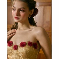 Strapless Burgundy and Gold Vintage-Inspired Corset Evening Gown with Red Roses - Thumbnail 3