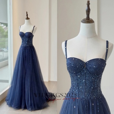 Chic A-line Shiny Dark Navy Long Prom Dresses,Blue Tulle Beaded Long Formal Dress, Gorgeous Evening Dress