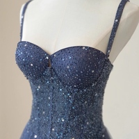 Chic A-line Shiny Dark Navy Long Prom Dresses,Blue Tulle Beaded Long Formal Dress, Gorgeous Evening Dress - Thumbnail 3