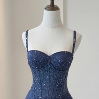 Chic A-line Shiny Dark Navy Long Prom Dresses,Blue Tulle Beaded Long Formal Dress, Gorgeous Evening Dress - Thumbnail 4