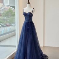 Chic A-line Shiny Dark Navy Long Prom Dresses,Blue Tulle Beaded Long Formal Dress, Gorgeous Evening Dress - Thumbnail 1