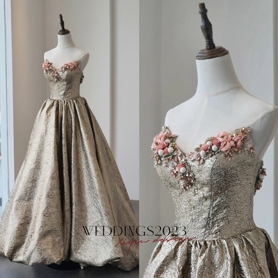 Champagne Jacquard Strapless Prom Dresses Floral Strapless Quinceanera Dresses