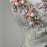 Champagne Jacquard Strapless Prom Dresses Floral Strapless Quinceanera Dresses - Thumbnail 1