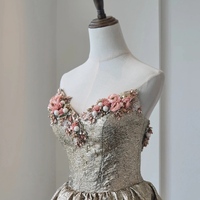 Champagne Jacquard Strapless Prom Dresses Floral Strapless Quinceanera Dresses - Thumbnail 4