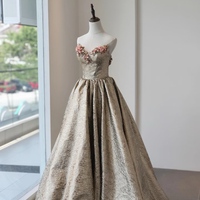 Champagne Jacquard Strapless Prom Dresses Floral Strapless Quinceanera Dresses - Thumbnail 5