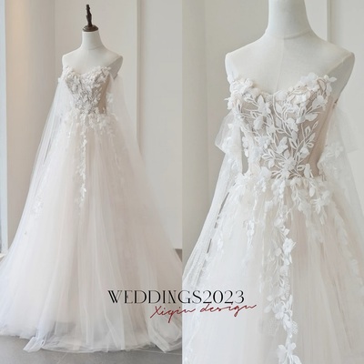  ivory strapless v neck applique tulle a-line wedding dresses