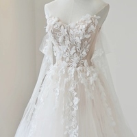  Ivory Strapless V Neck Applique Tulle A-line Wedding Dresses - Thumbnail 4