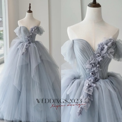 Elegant tulle off the shoulder lace-up back quinceanera dress with handmade flower dresses 