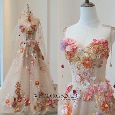Flower fairy champagne beading sequins lace flower formal dresses with cloak a-line / princess strapless sleeveless backless floor-length / long prom 