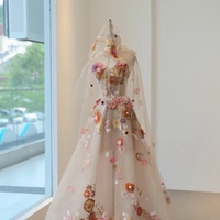 Flower Fairy Champagne Beading Sequins Lace Flower Formal Dresses with Cloak A-Line / Princess Strapless Sleeveless Backless Floor-Length / Long Prom  - Thumbnail 1