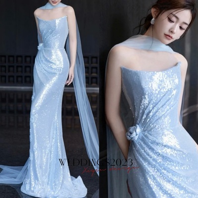 Blue senior evening dress shiny sequins off the shoulder sleeveless mermaid slim trailing backless party prom celebrity gown