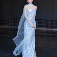 Blue Senior Evening Dress Shiny Sequins Off The Shoulder Sleeveless Mermaid Slim Trailing Backless Party Prom Celebrity Gown - Thumbnail 1