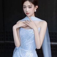 Blue Senior Evening Dress Shiny Sequins Off The Shoulder Sleeveless Mermaid Slim Trailing Backless Party Prom Celebrity Gown - Thumbnail 2