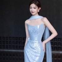 Blue Senior Evening Dress Shiny Sequins Off The Shoulder Sleeveless Mermaid Slim Trailing Backless Party Prom Celebrity Gown - Thumbnail 4