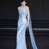 Blue Senior Evening Dress Shiny Sequins Off The Shoulder Sleeveless Mermaid Slim Trailing Backless Party Prom Celebrity Gown - Thumbnail 5