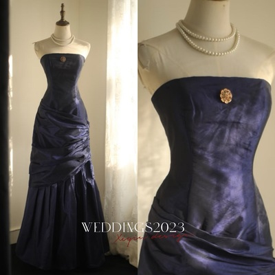 Vintage navy blue long evening gown strapless taffeta dresses for party events
