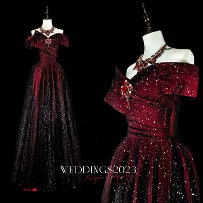 Customized Elegant Temperament Slash Neck Wedding Party Dress Solid Sequin Mesh Spliced Evening Dresses