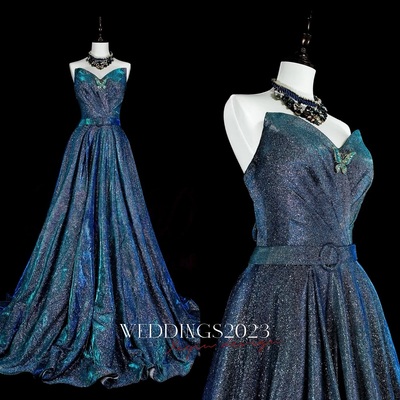 Evening Dress Shiny Blue Simple Classic Off the Shoulder Lace up A-line Floor Length Plus size Customized Lady Party Formal Gown