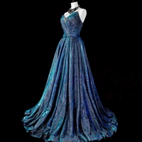 Evening Dress Shiny Blue Simple Classic Off the Shoulder Lace up A-line Floor Length Plus size Customized Lady Party Formal Gown - Thumbnail 7