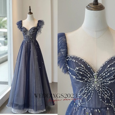 Navy blue prom dress sweetheart neckline a-line long sleeve shiny banquet bridesmaid evening gown with beaded tulle prom dress