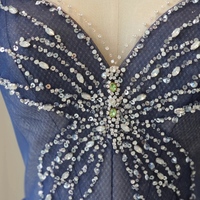 Navy Blue Prom Dress Sweetheart Neckline A-Line Long Sleeve Shiny Banquet Bridesmaid Evening Gown with Beaded Tulle Prom Dress - Thumbnail 3